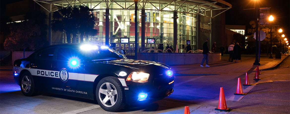USC police car in front of Colonial Life Arena