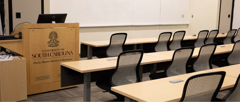 View of a classroom in the Darla Moore School of Business.