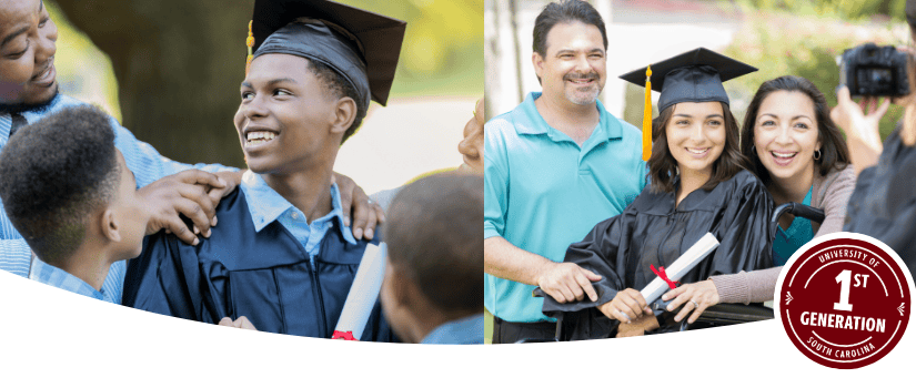 Families and supporters surrounding their first-gen college graduates on graduation day