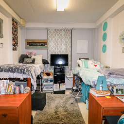 A bedroom with two twin beds on the left and right side are in a bedroom with white walls. Two dressers are at the end of the bed with a TV in between the beds.