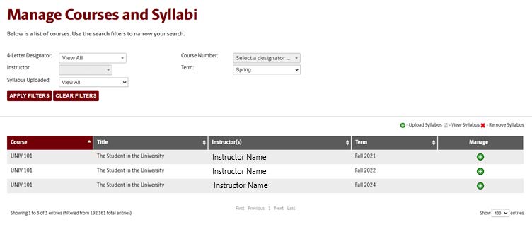 screenshot of Manage Courses and Syllabi main page