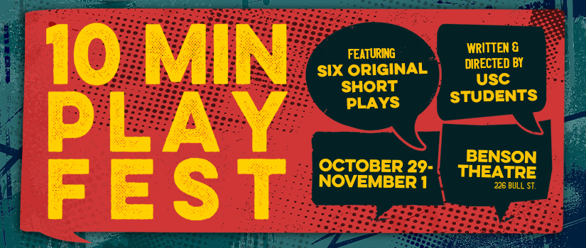 An illustration of a red speech bubble against a grungy teal background with the words "10 Minute Play Fest" and the dates and location of the production.