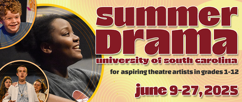 Logo for USC Summer Drama Conservatory surrounded by photos of children acting.