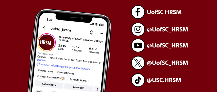 Graphic promoting HRSM social media accounts, featuring a smartphone displaying the HRSM Instagram profile and handles for Facebook, Instagram, YouTube, X and TikTok.