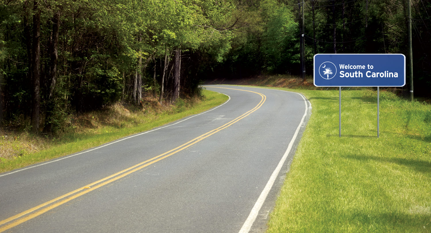 A South Carolina road with a welcome sign