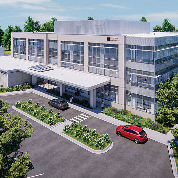Rendering of Brain Health Center, a multi-story facility with large windows, a covered entrance, surrounding trees and landscaped parking areas