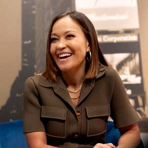 Eva Pilgrim laughs during her interview at GMA3 studios