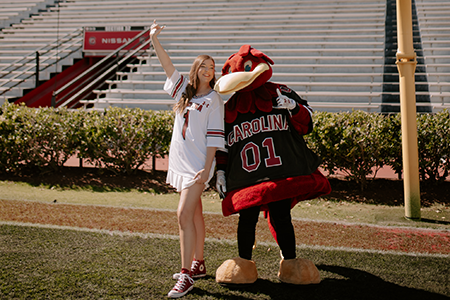 Sarah and Cocky pose at Williams Brice Stadium