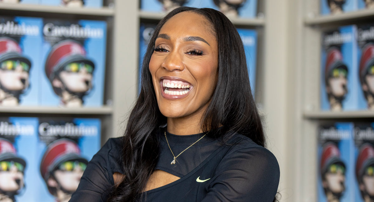 Aja Wilson laughs during her interview.